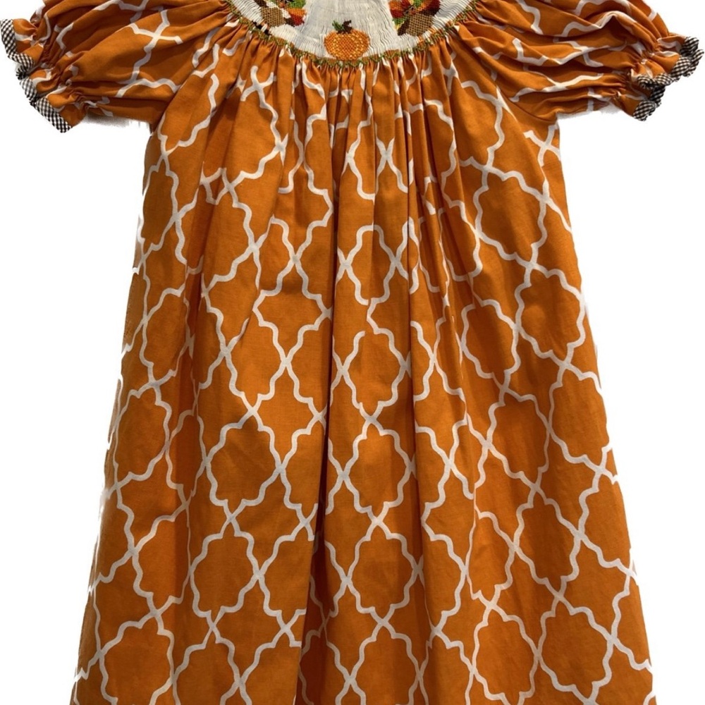 Lolly Wolly Doodle Smocked Bishop Orange Long Thanksgiving Dress